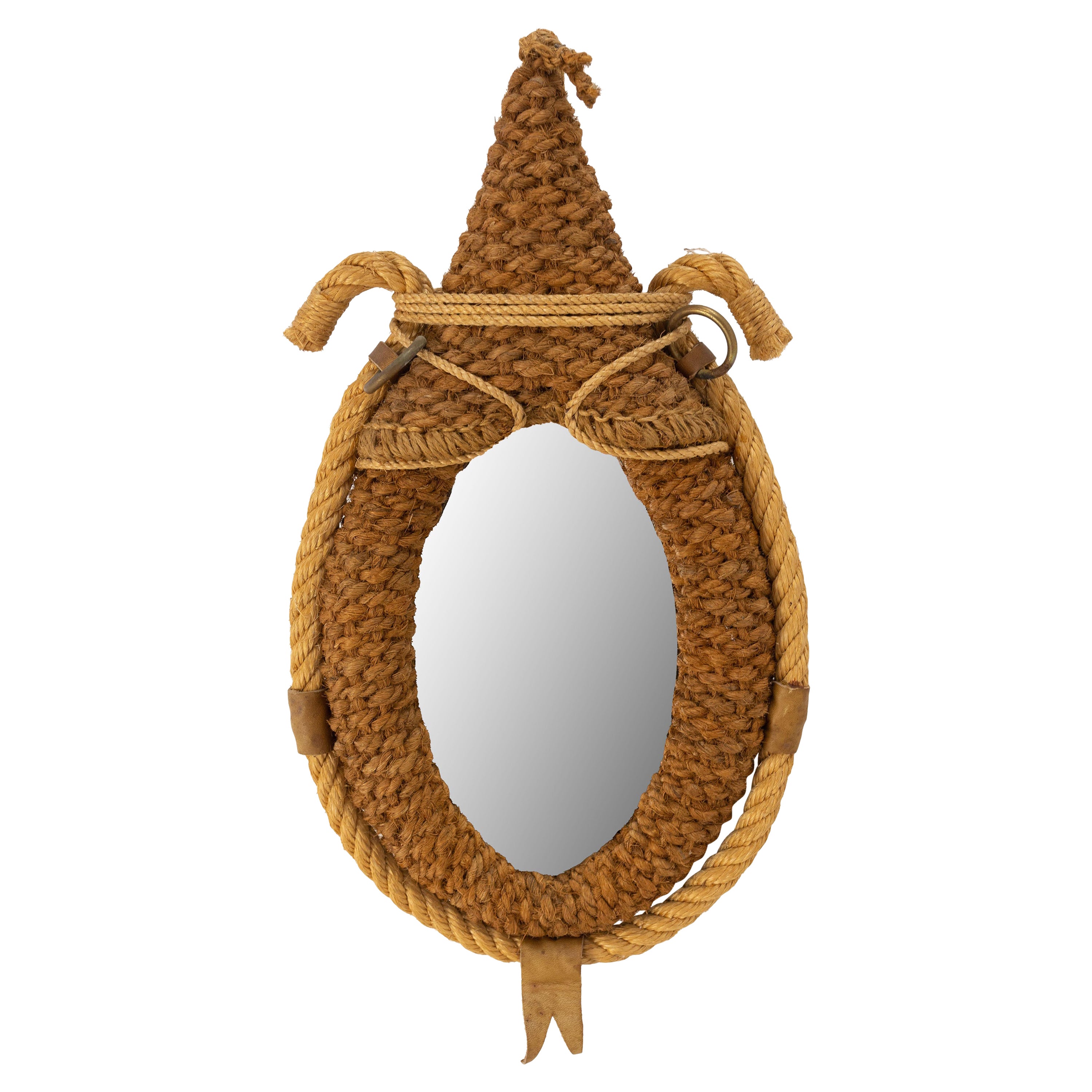 French Mirror Frame Braided String and Leather Audoux Minet Style,  Midcentury