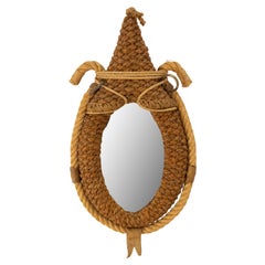 Spiegelrahmen aus geflochtenem String und Leder im Audoux Minet-Stil,  Mitte des Jahrhunderts