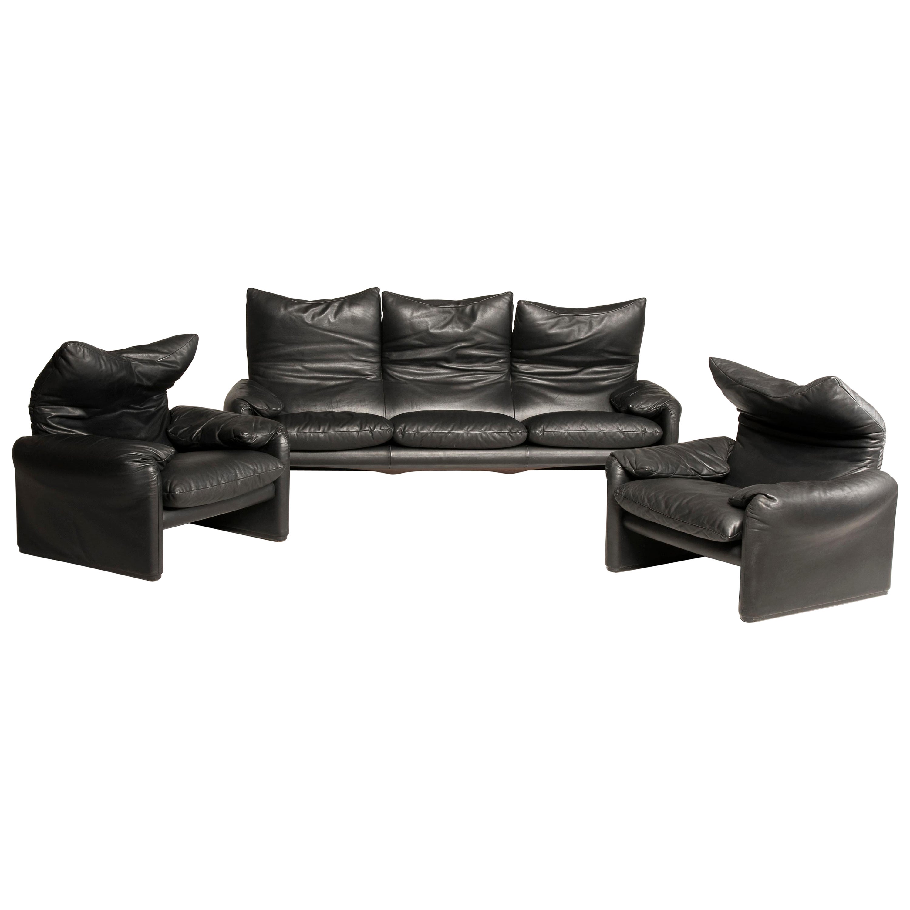 2000s Magistretti Cassina Black Leather Maralunga Three-Seat Sofa and Armchairs