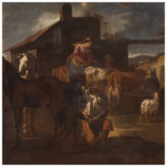 17th Century Oil on Canvas Italian Painting Genre Scene Farrier's Workshop 1680