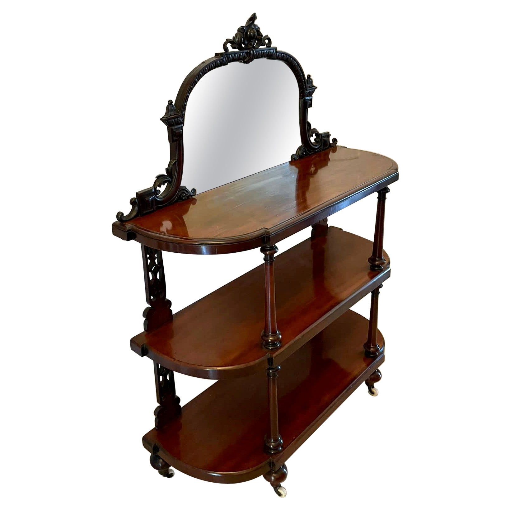 Quality Antique Victorian Mahogany Carved Mirror Back Whatnot For Sale
