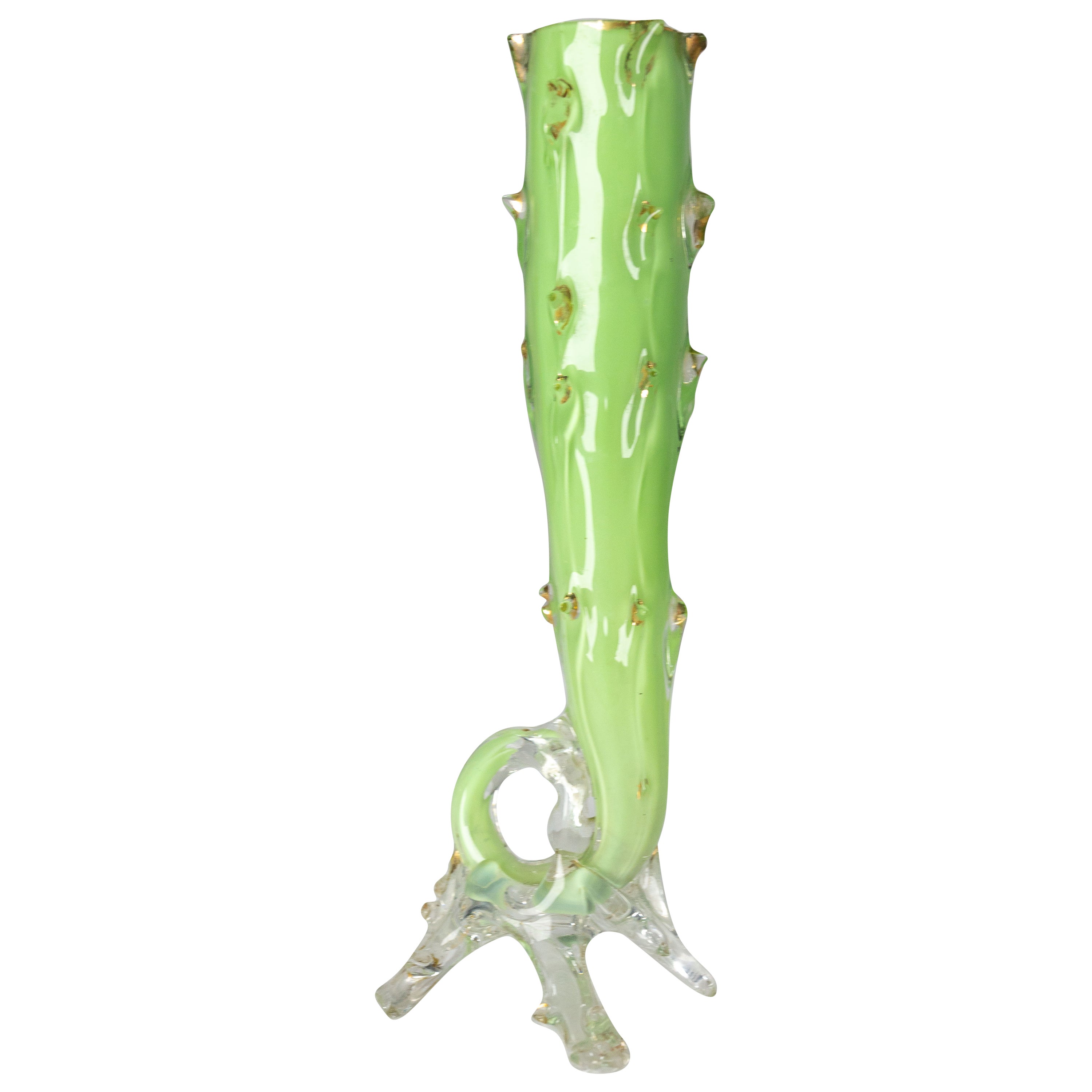 French Vase Soliflor Green and Golden Glass, Imitation of a Rose Stem, C. 1960 For Sale