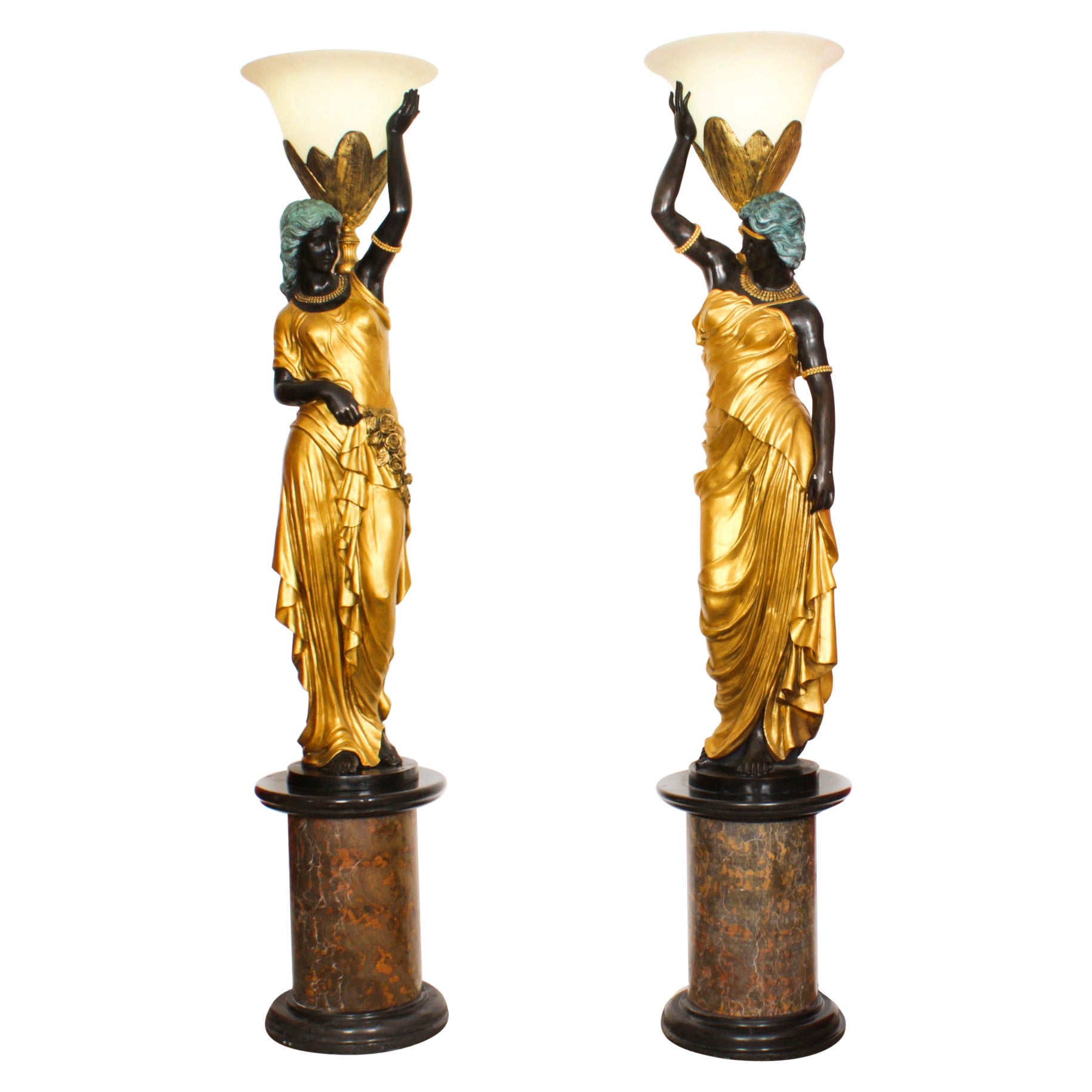 Vintage Pair Monumental Gilded Bronze Lamps on Marble Bases 20th Century