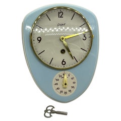 Orologio da cucina in ceramica bianca e blu Orologio da parete di metà secolo Esatta, Germania
