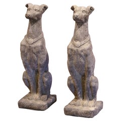 Pair of Vintage Italian Outdoor Weathered Carved Stone Greyhound Dog Sculptures
