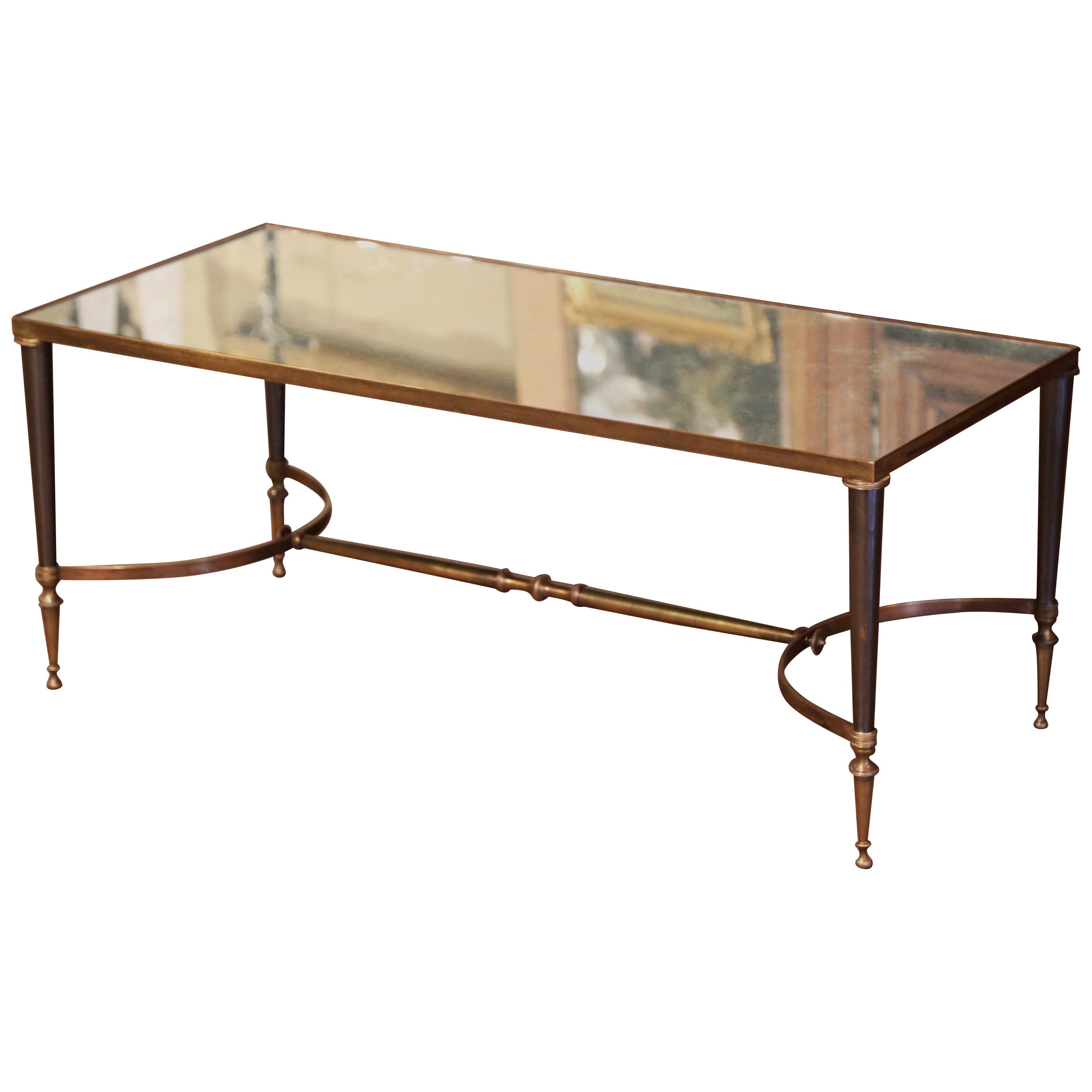 Mid-Century French Bronze Dore Mirrored Coffee Table from Maison Baguès