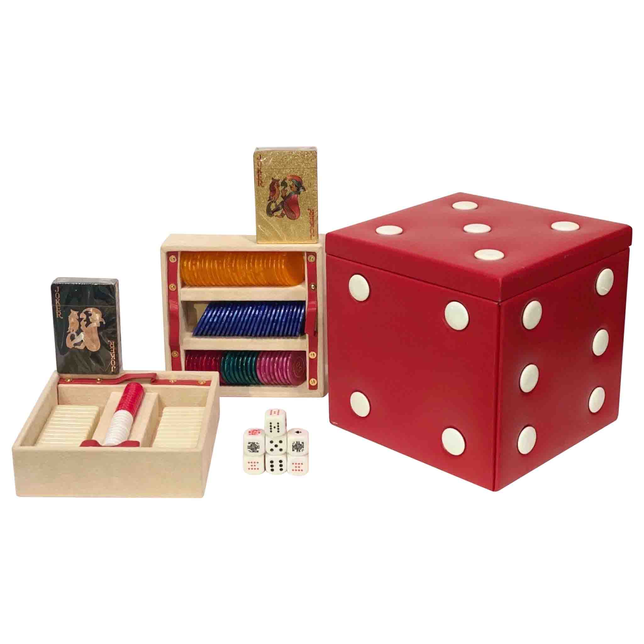 Vintage Italian Red Playing Game Box with Cards Dice Domino Checkers Poker Set 