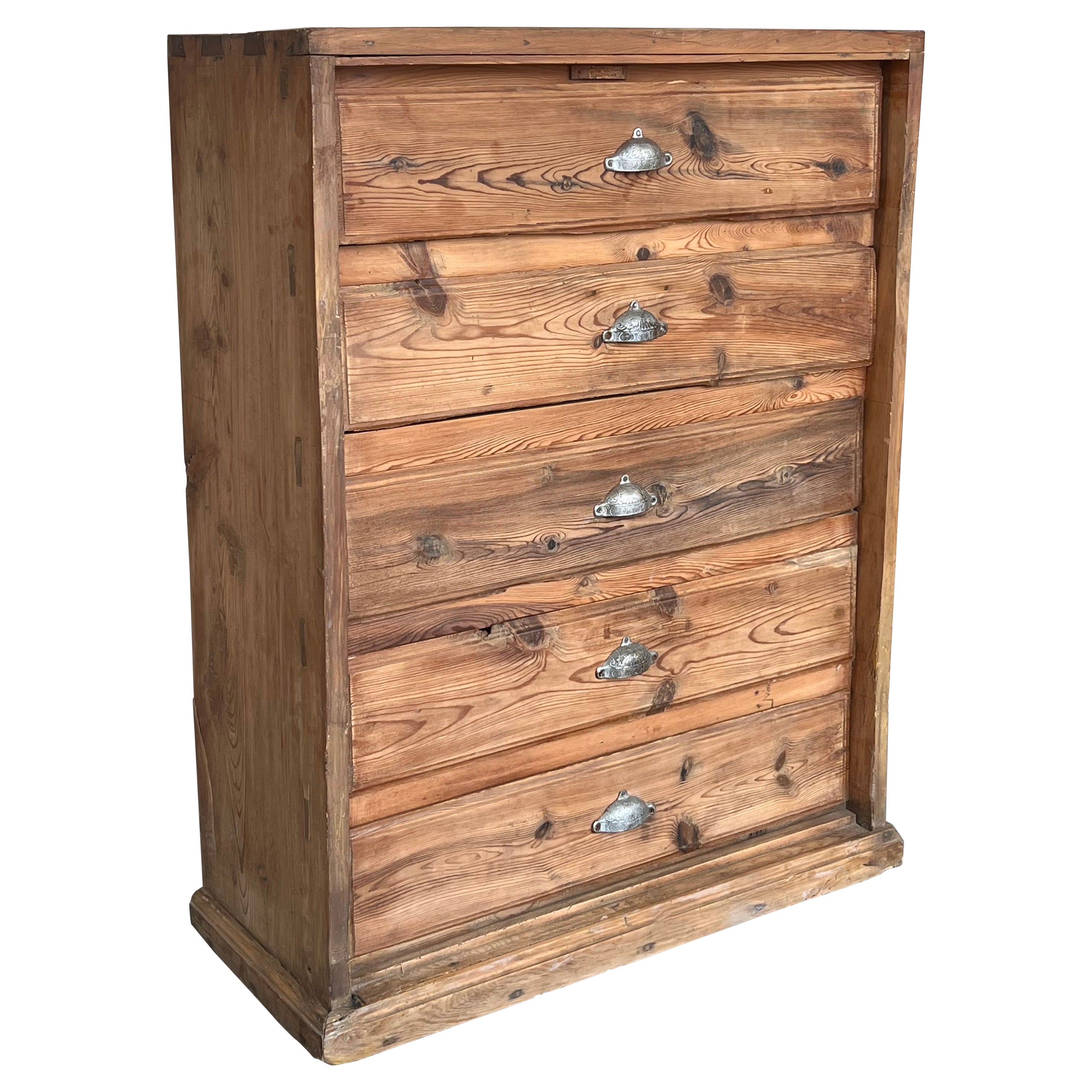 19th Century Spanish Unfinished Pine "Mobila" Tall Chest of Five Drawers For Sale