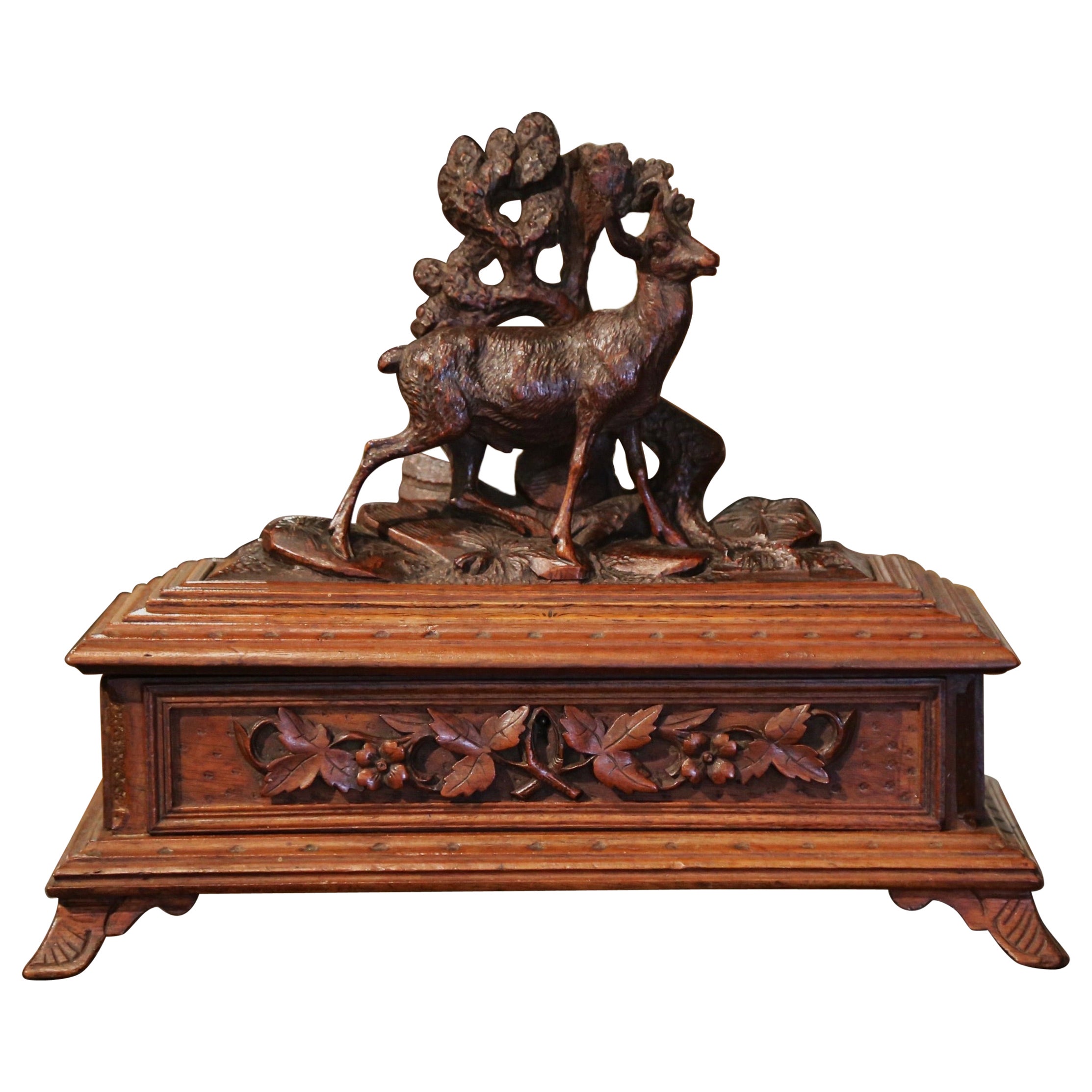 19th Century French Black Forest Carved Walnut Jewelry Box with Deer Motifs