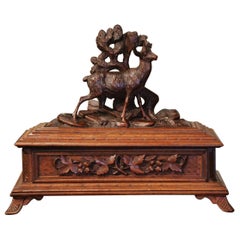 Antique 19th Century French Black Forest Carved Walnut Jewelry Box with Deer Motifs