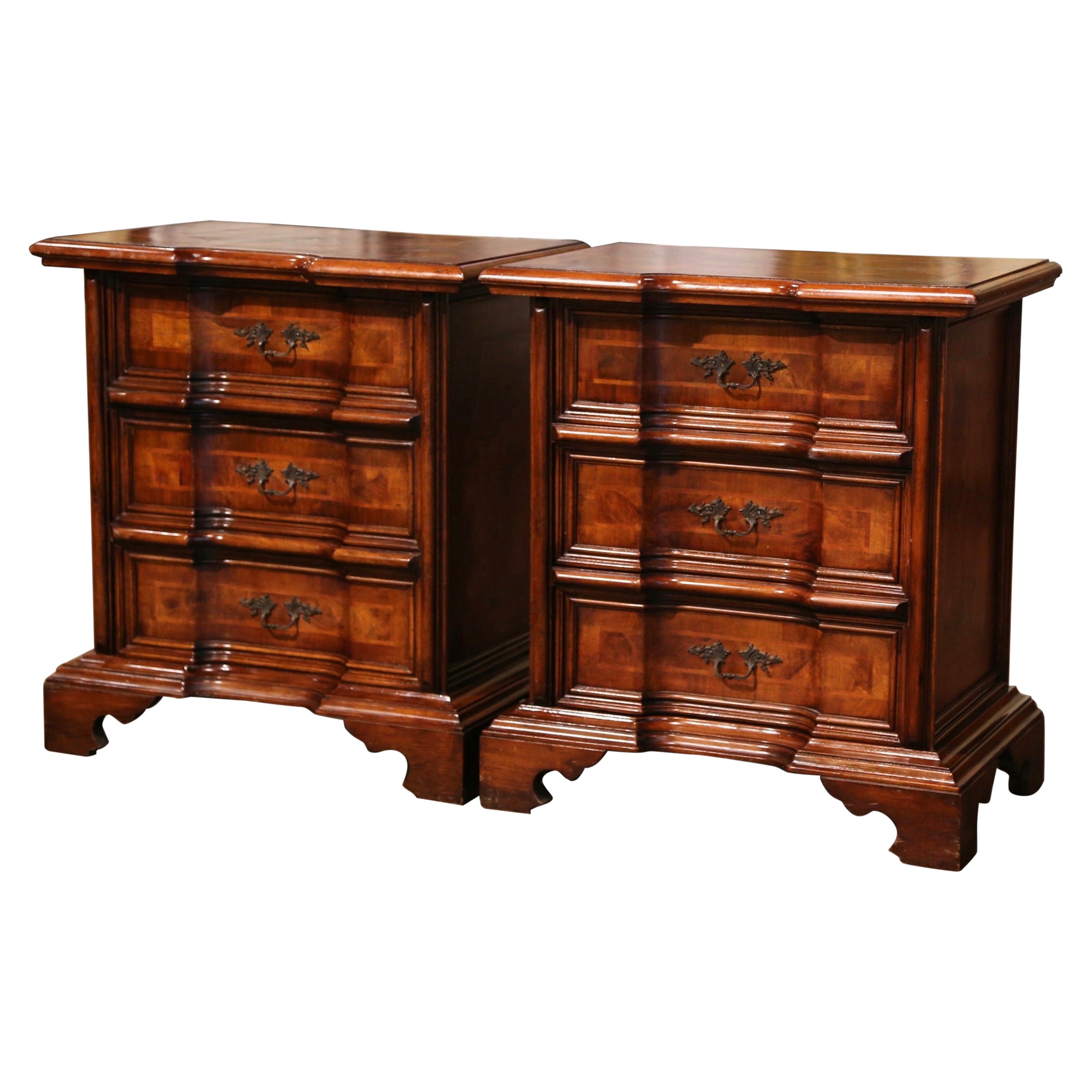 Pair of 20th Century Italian Baroque Walnut Marquetry Bedside Tables Nightstands For Sale