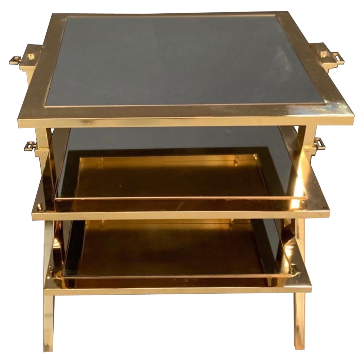 Wonderful Modern Lorin Marsh Polished Brass Mirror Inset Three-Tier Side Table For Sale
