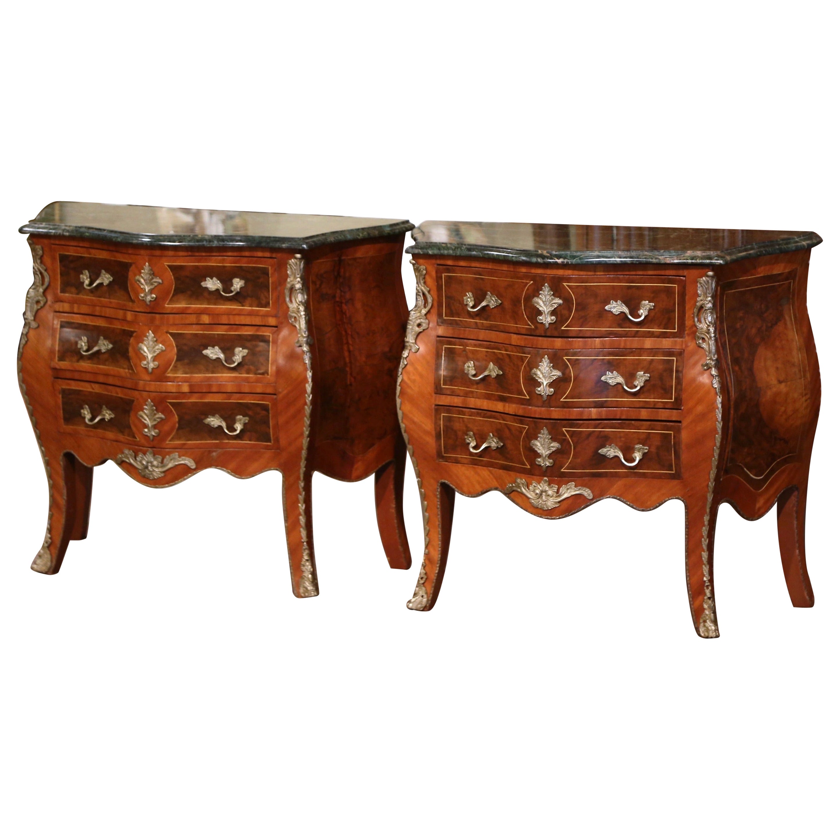 Pair of Mid-Century Louis XV Marble Top Carved Walnut Commodes Chests of Drawers For Sale