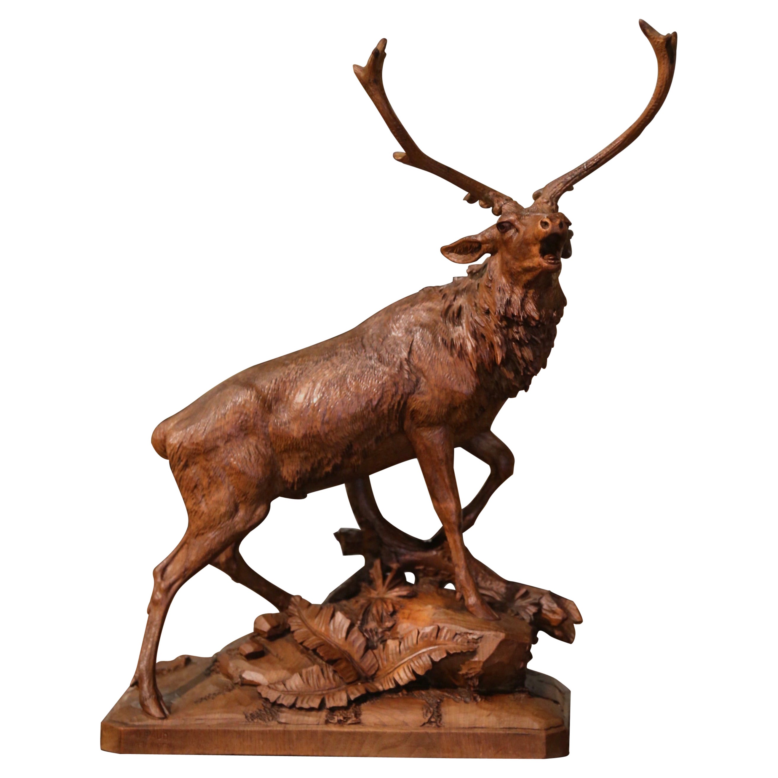 19th Century French Black Forest Carved Walnut Roaring Stag Sculpture