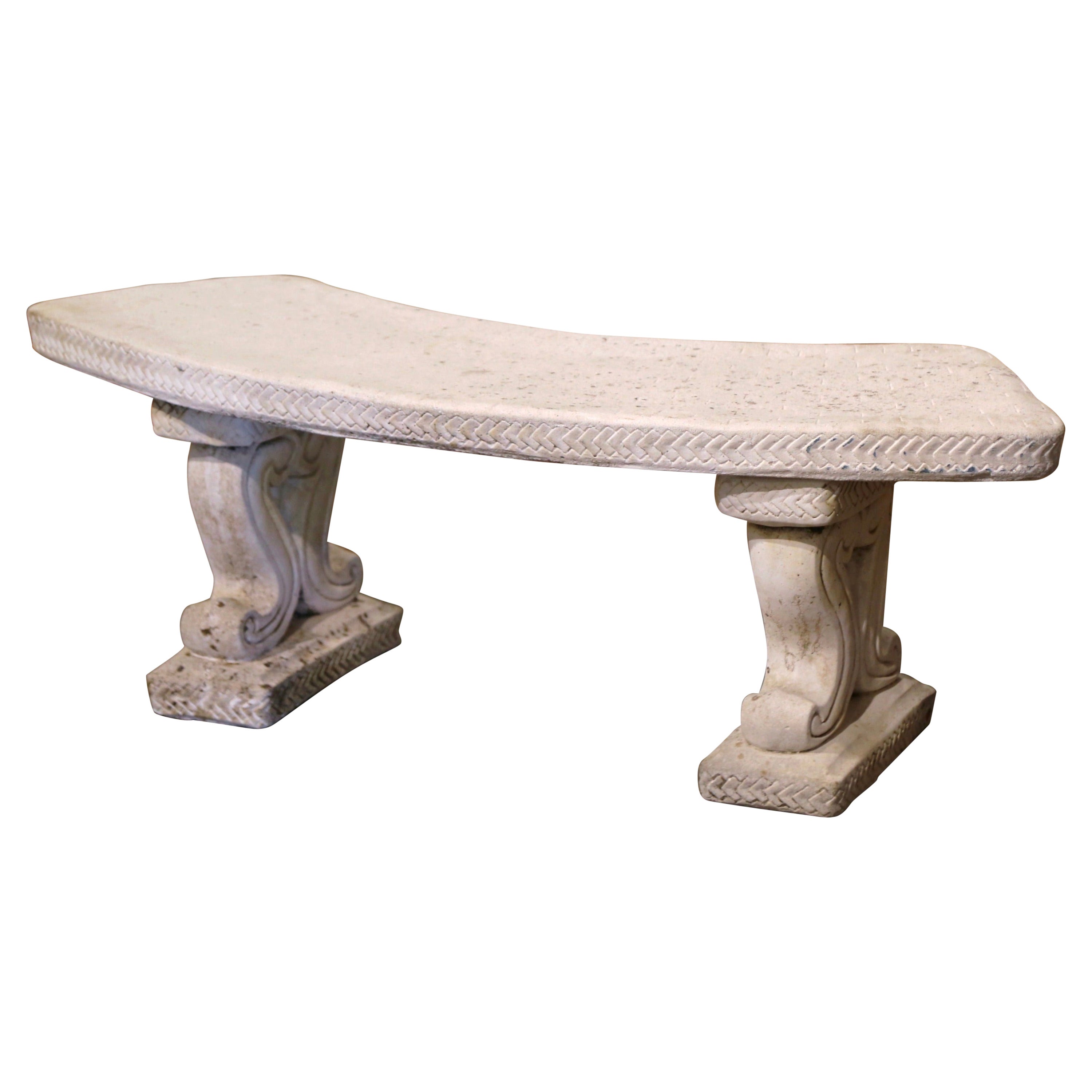 Mid-Century French Weathered Curved Cast Stone Scrolled Pedestal Garden Bench For Sale