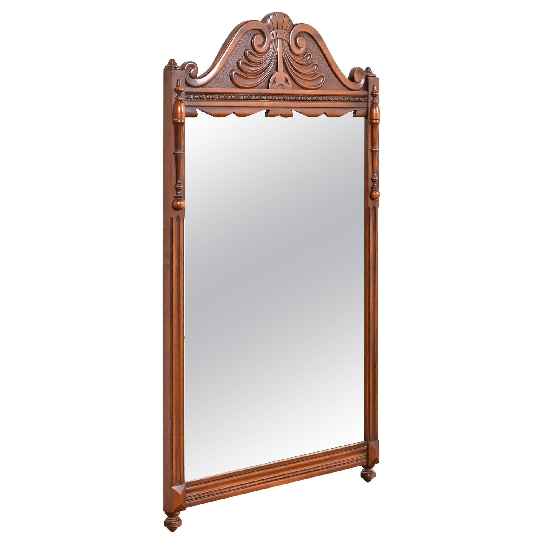 French Art Deco Carved Walnut Wall Mirror by Landstrom, Circa 1940s For Sale