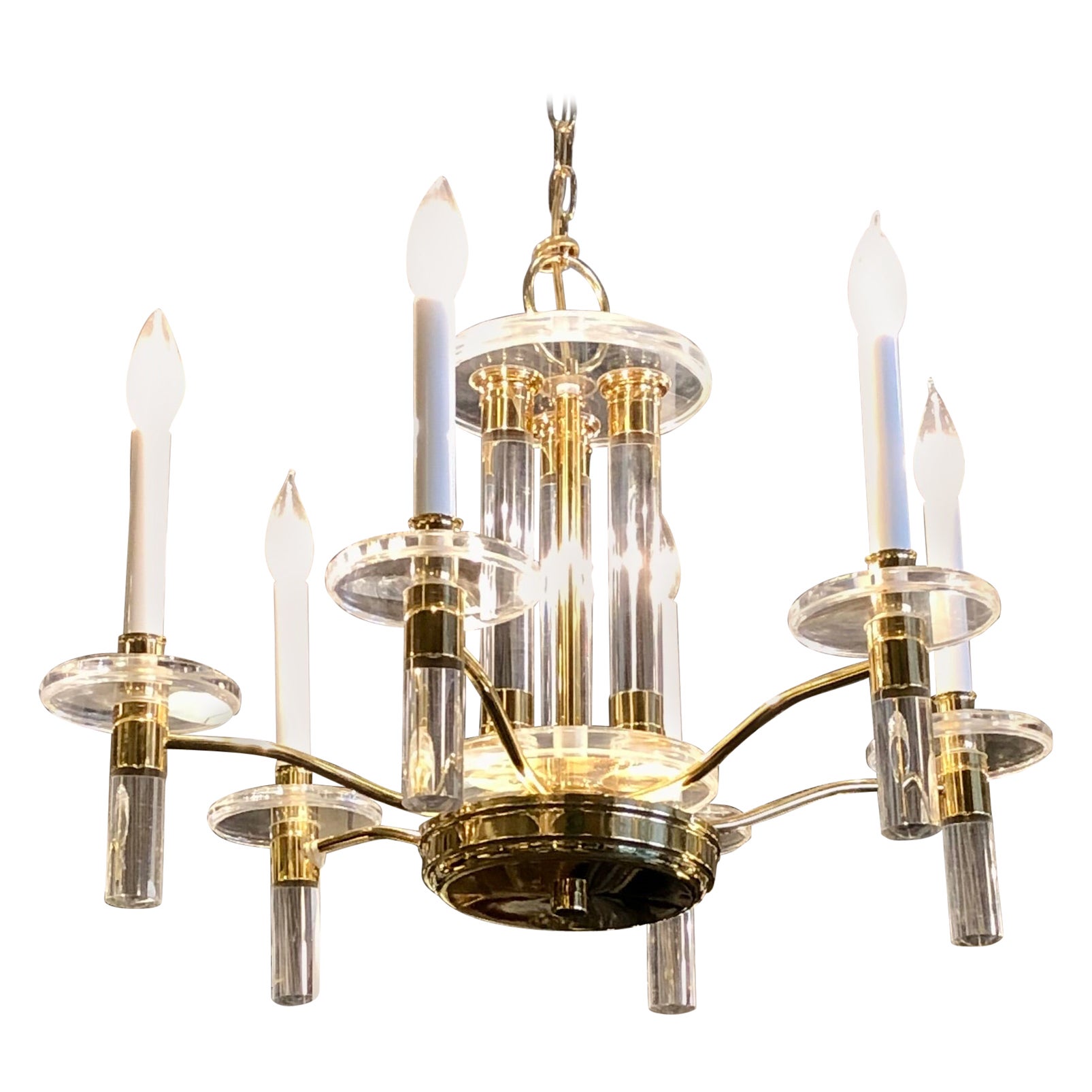 Charles Hollis Jones Lucite and Brass Chandelier For Sale at 1stDibs