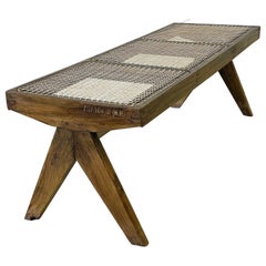 Authentic Pierre Jeanneret Teak and Cane Bench, Mid-Century Modern