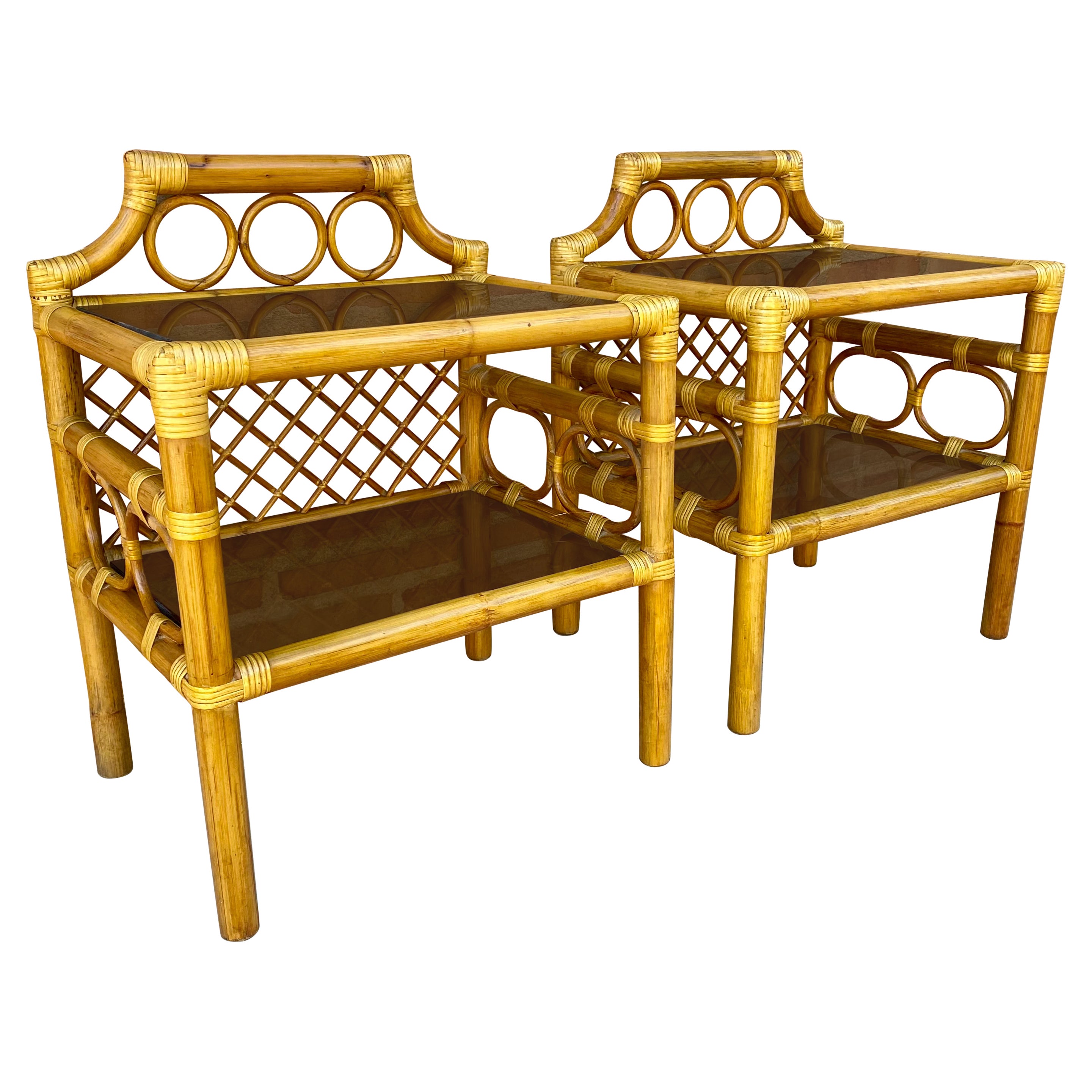 Bamboo & Rattan Nightstands With Low Glass Shelves, Italy, 1960s, Set Of 2 For Sale