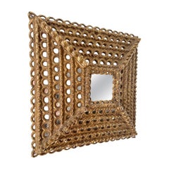Espejo cuadrado barroco colonial en madera dura y pan de oro, Perú 1925