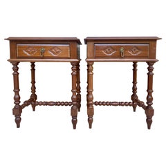 Vintage French Nightstands in Solid Carved Walnut with Turned Columns, Set of 2