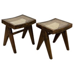 Pair of Authentic Pierre Jeanneret Low Stools/Ottomans, Mid-Century Modern