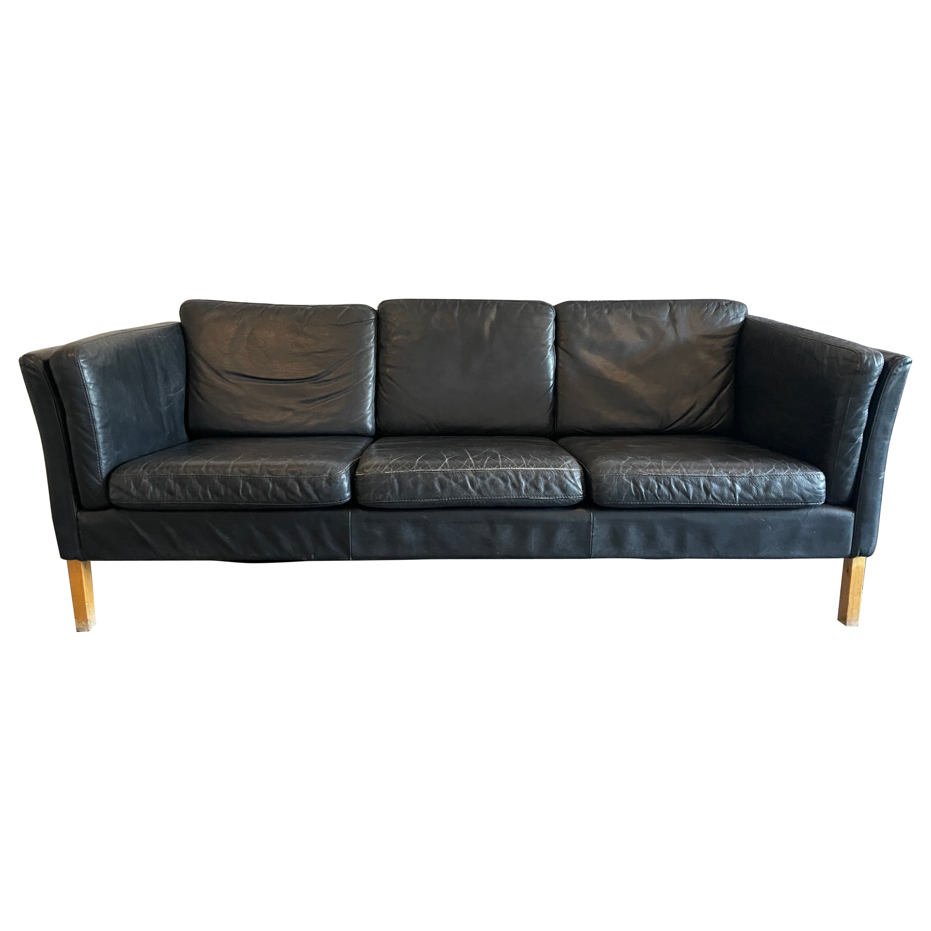 Beautiful Black Leather Swedish Modern Couch Sofa maple Legs