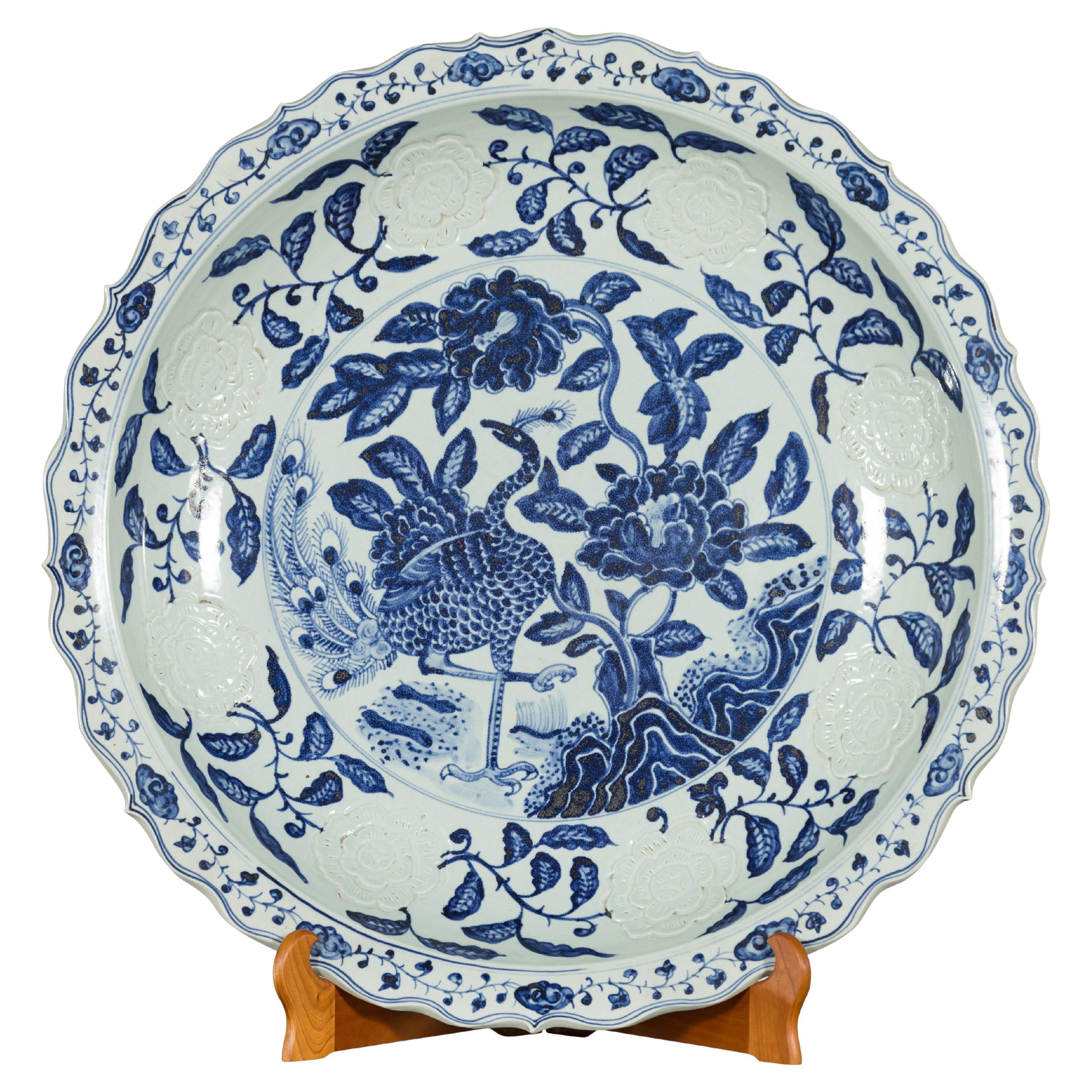 Large Porcelain Charger Plate with Hand-Painted Blue and White Décor