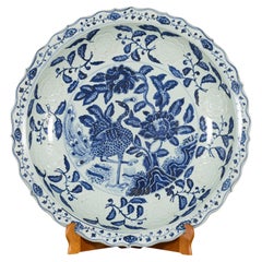 Vintage Large Porcelain Charger Plate with Hand-Painted Blue and White Décor