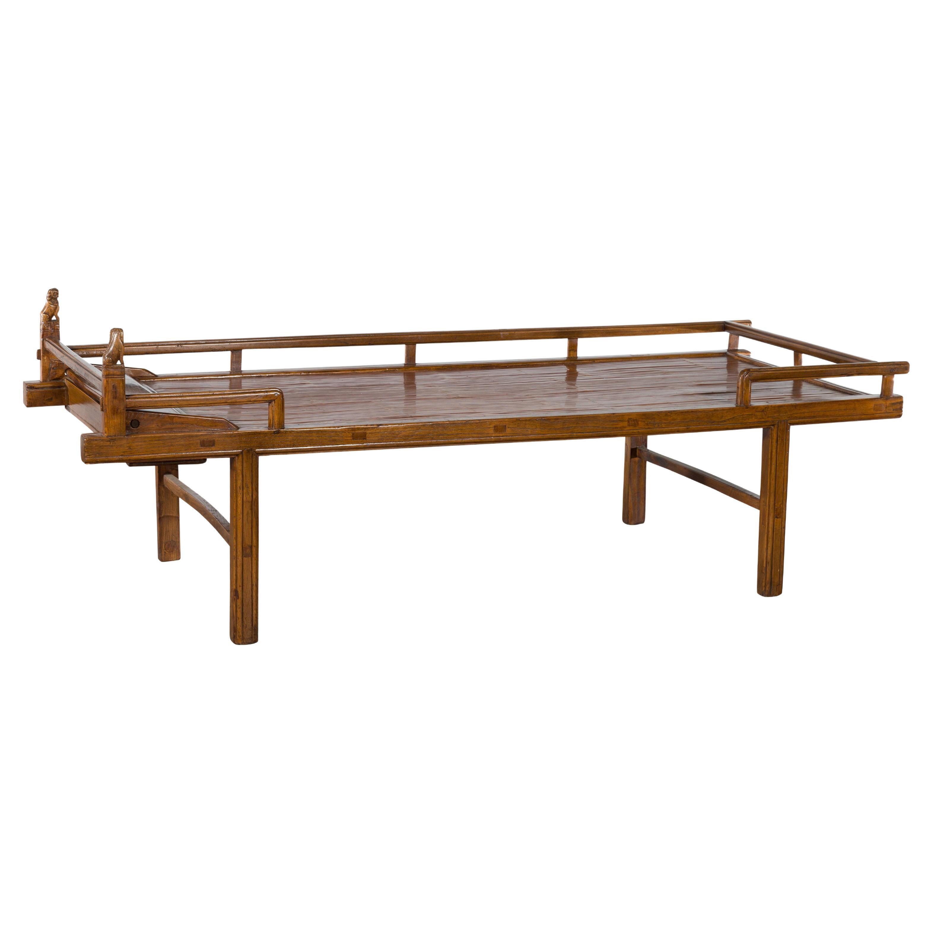 Qing Dynasty 19th Century Elm Daybed with Bamboo Seat and Guardian Lions