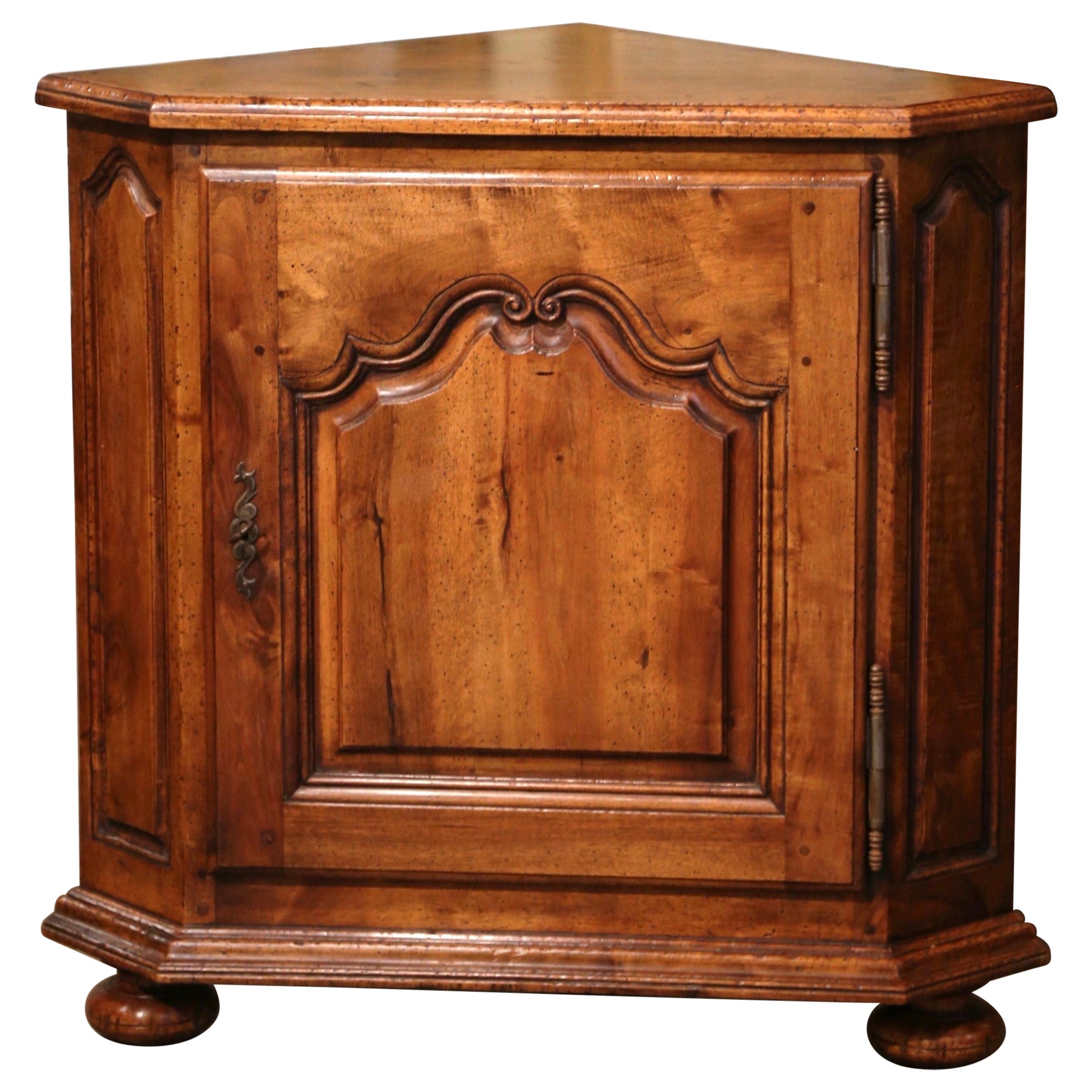 19th Century French Louis XIV Carved Walnut Encoignure Corner Cabinet For Sale