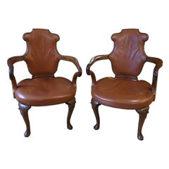 Antique Queen Anne Style Leather Pair of Armchairs
