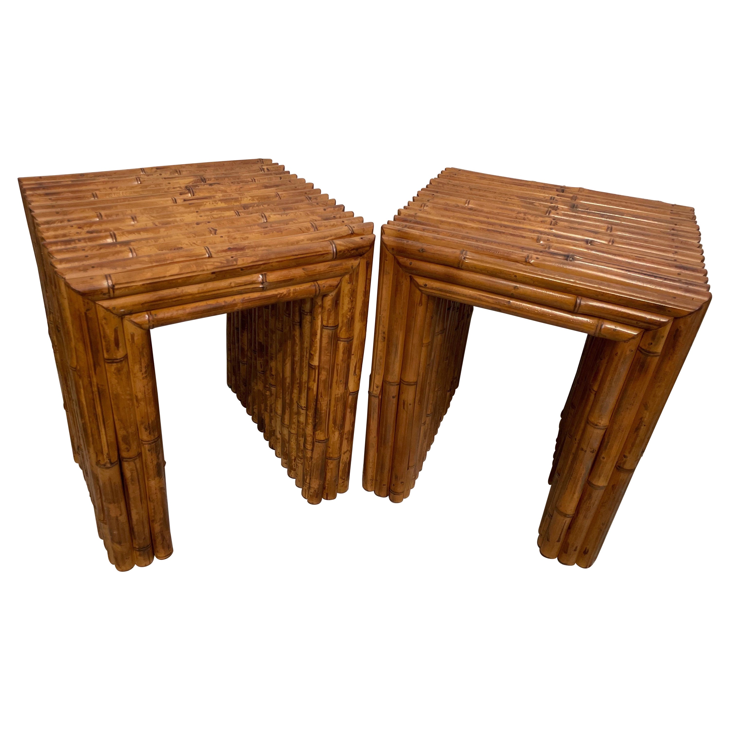 Vintage Pair of Burnt Bamboo Side Tables For Sale