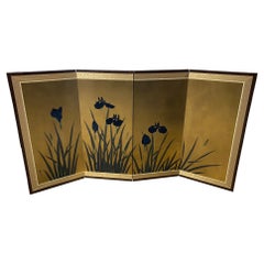 Vintage Japanese Asian Signed Four-Panel Folding Byobu Screen Iris Flowers Lanscape
