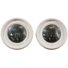 Pair of French Late 19th Century Light Colored Round Mirrors with Convex Glass