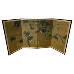 Vintage Japanese Asian Signed Four-Panel Folding Byobu Showa Lotus Tree Nature Screen