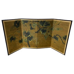 Japanese Asian Signed Four-Panel Folding Byobu Showa Lotus Tree Nature Screen