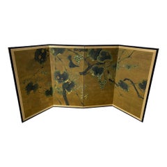 Japanese Asian Signed Four-Panel Folding Byobu Showa Lotus Tree Nature Screen