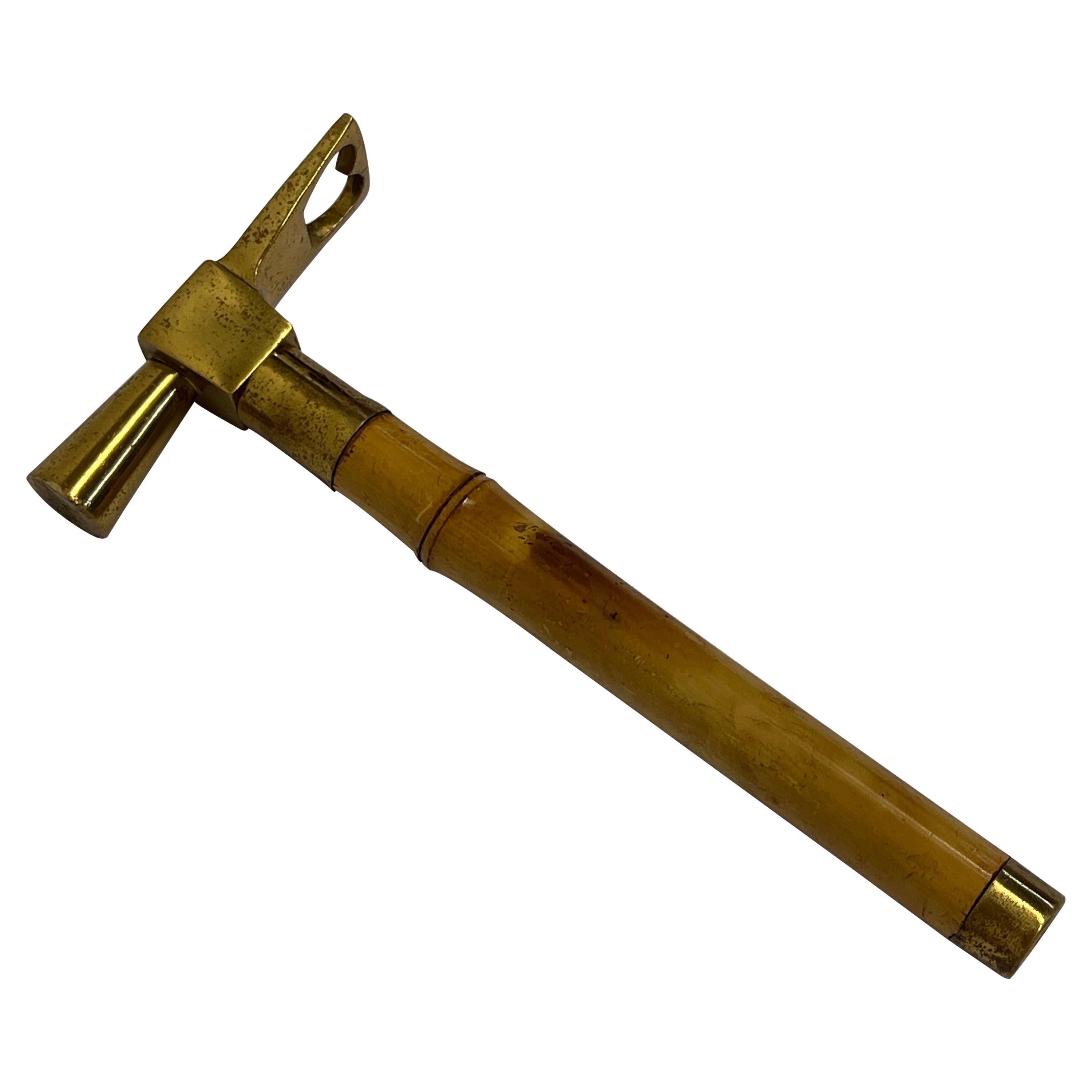 Brazilian Mid-Century Bronze and Bamboo Ice Hammer with Corkscrew Bottle Opener For Sale
