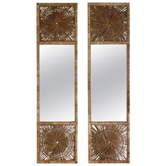 Pair Monumental Sunburst Rattan Mirrors Circa 1970