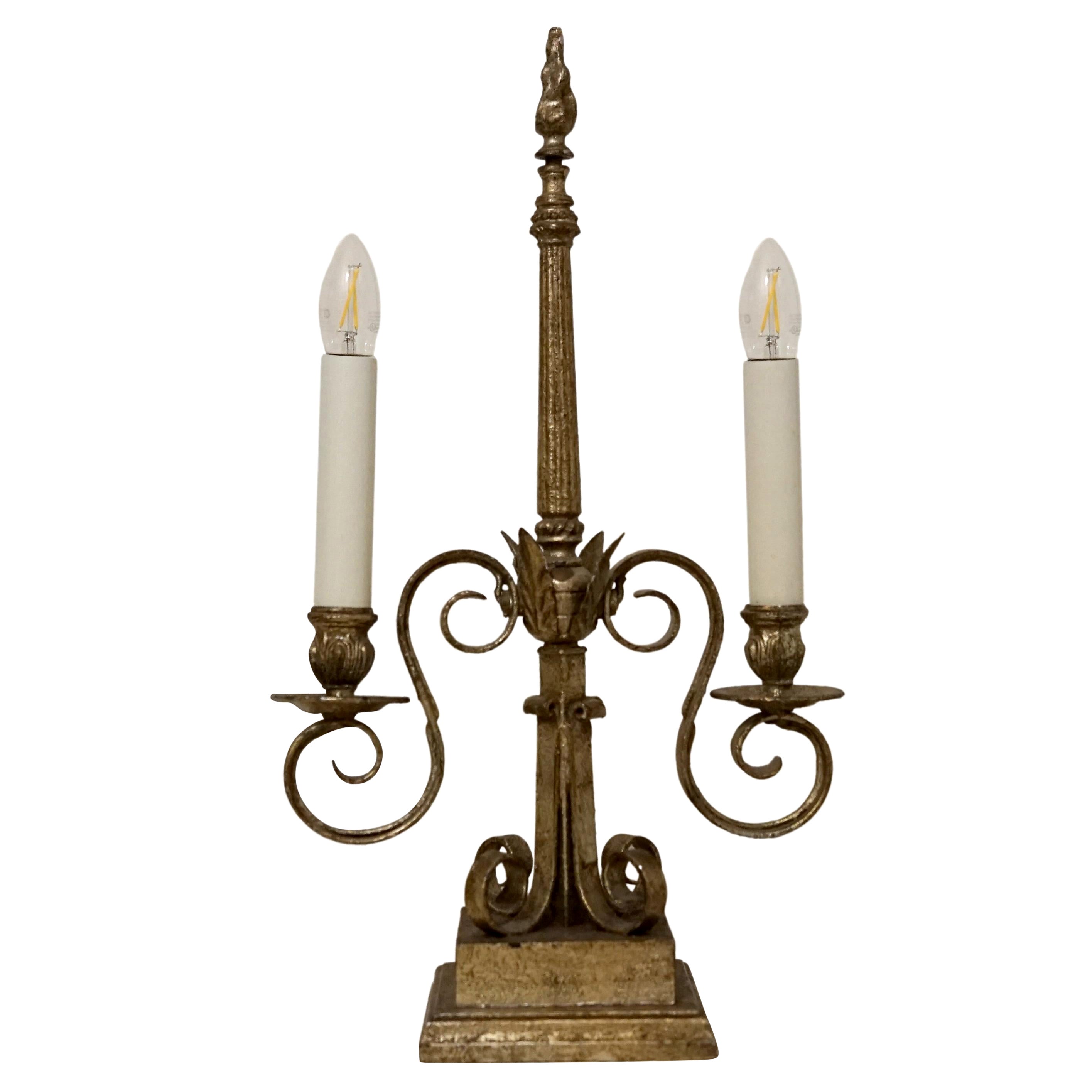 Neoclassical Gilt Candelabra Style Two Candle Table Lamp For Sale