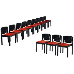 Vico Magistretti for Cassina Set of Twelve Chairs in Red Velvet
