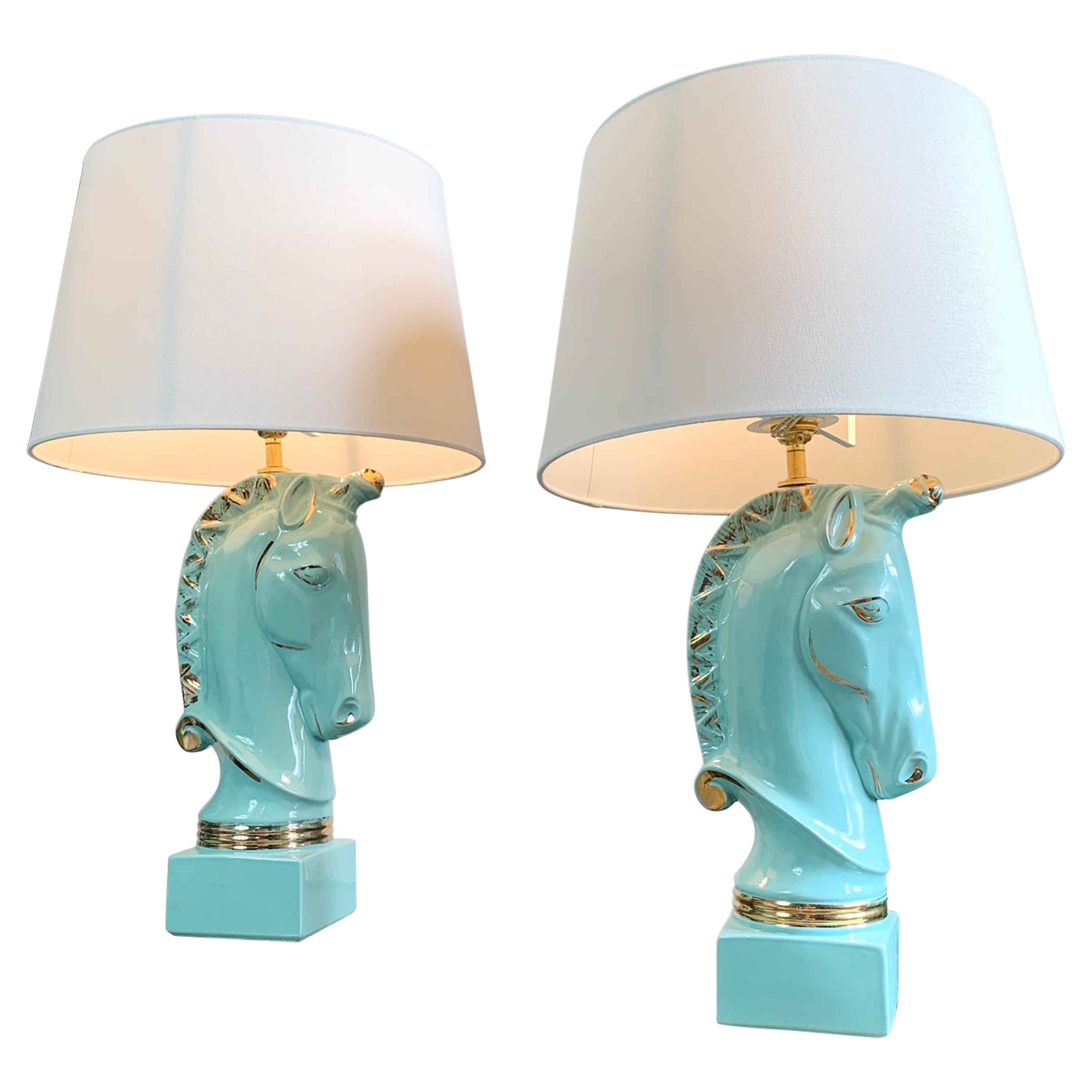 Pair of 1950’s Turquoise Blue Howell Ceramic Unicorn Lamps For Sale