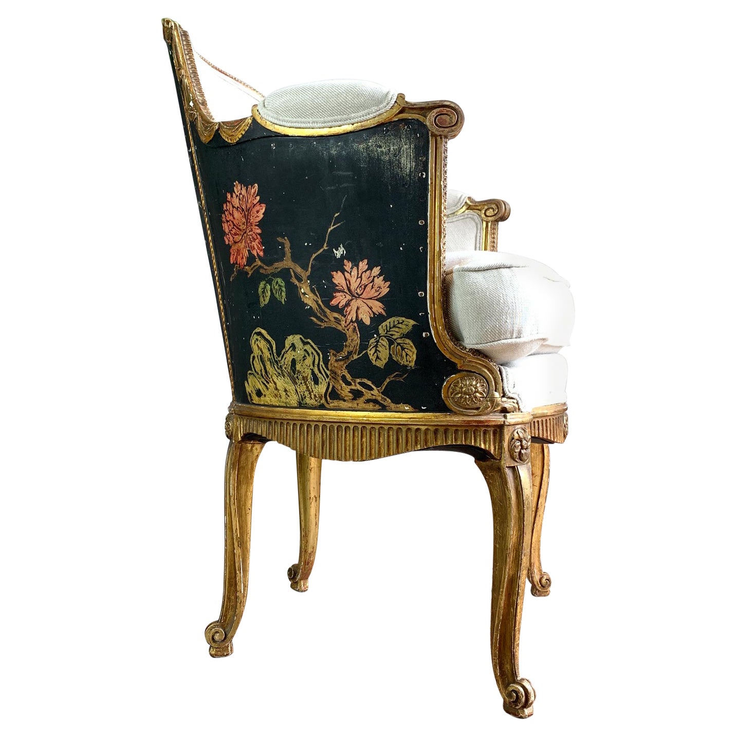 18th C Black and Gold Hand Painted French Chinoiserie Bergere Chair