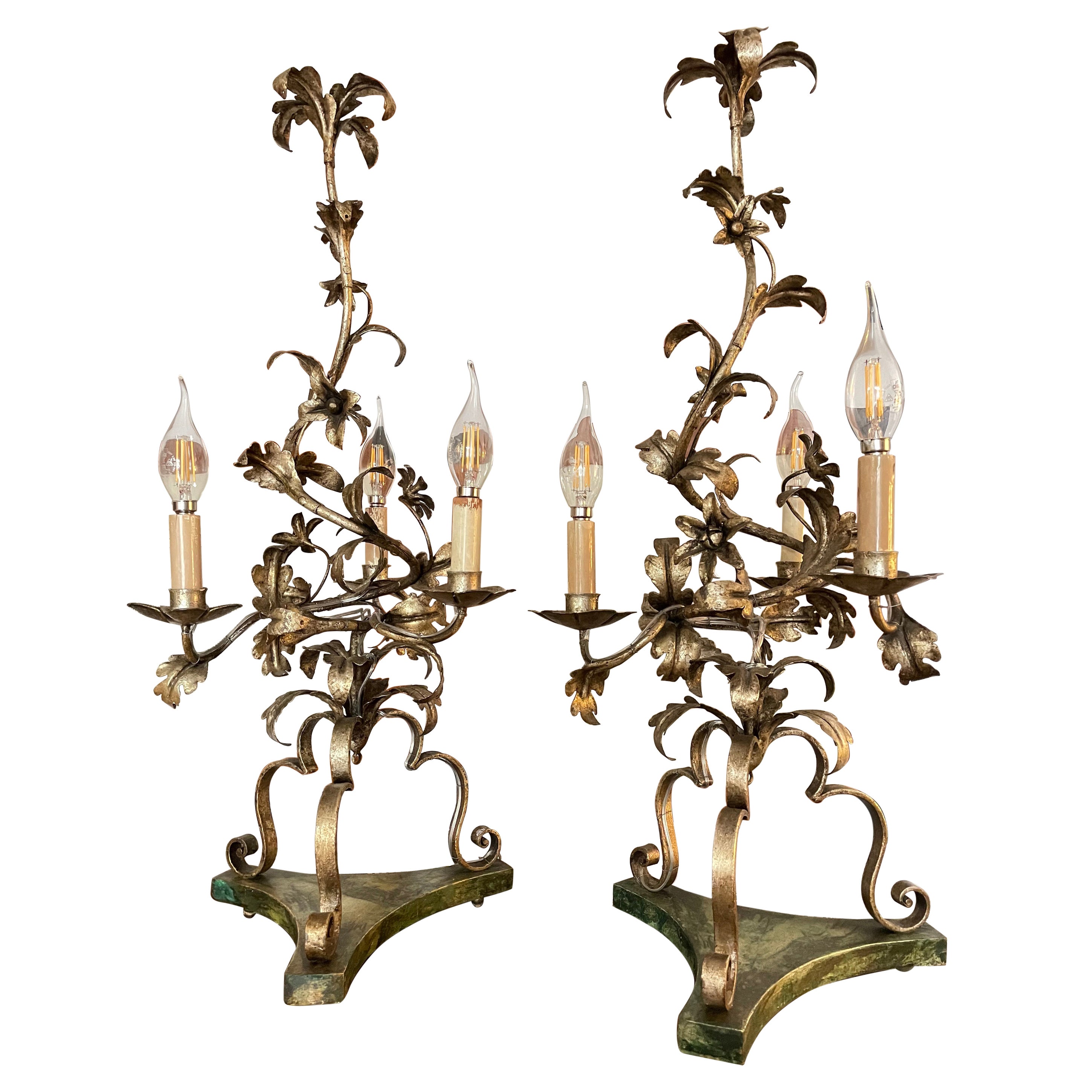 Pair of Italian Floral Table Lamps 20th Century Wrought iron Candelabra For Sale