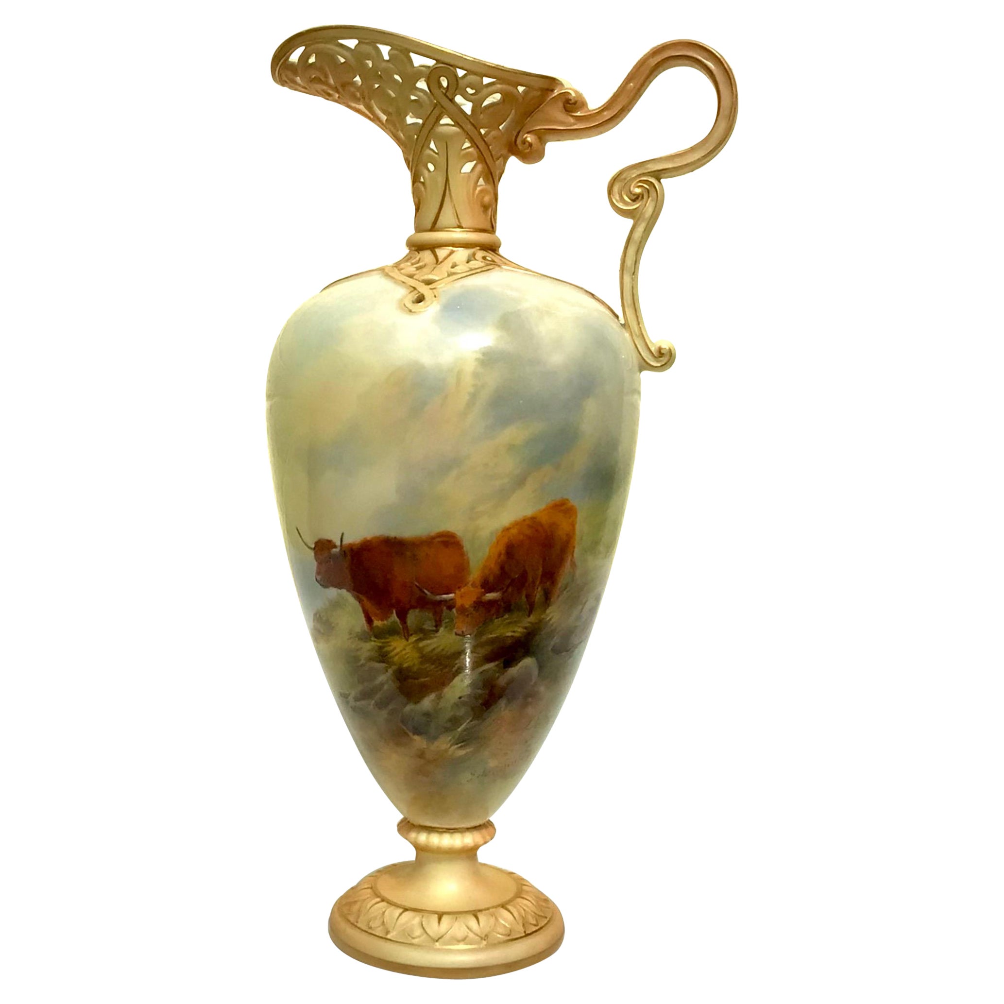 Antique Royal Worcester Porcelain Ewer, Vase by John Stinton For Sale