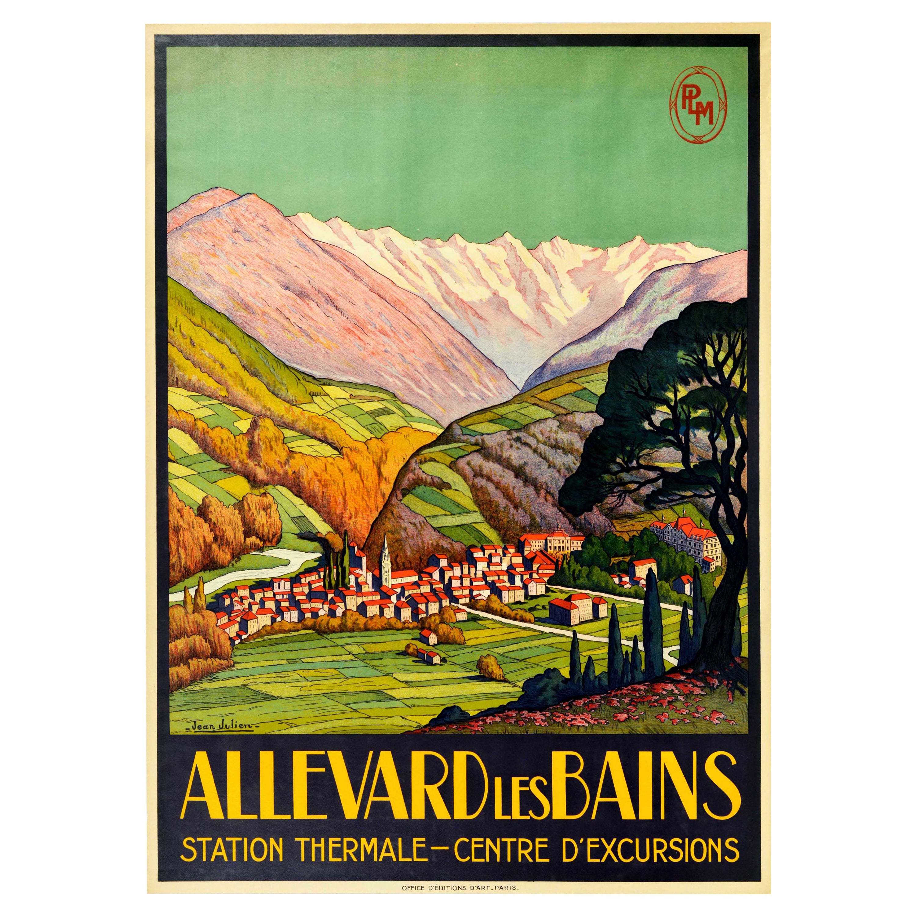 Poster di viaggio originale d'epoca della ferrovia PLM Allevard Les Bains Thermal Spa Alps in vendita