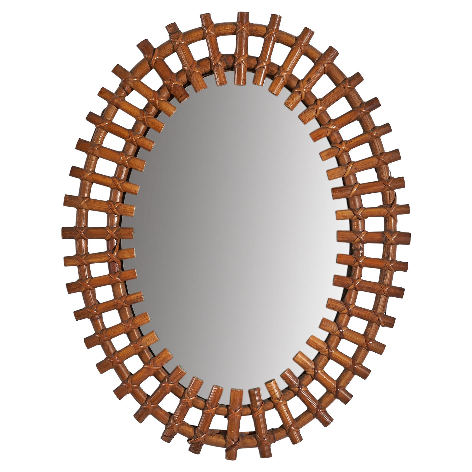 Italian Designer, Oval Wall Mirror, Rattan, Mirror Glass, Italy, c. 1950s For Sale