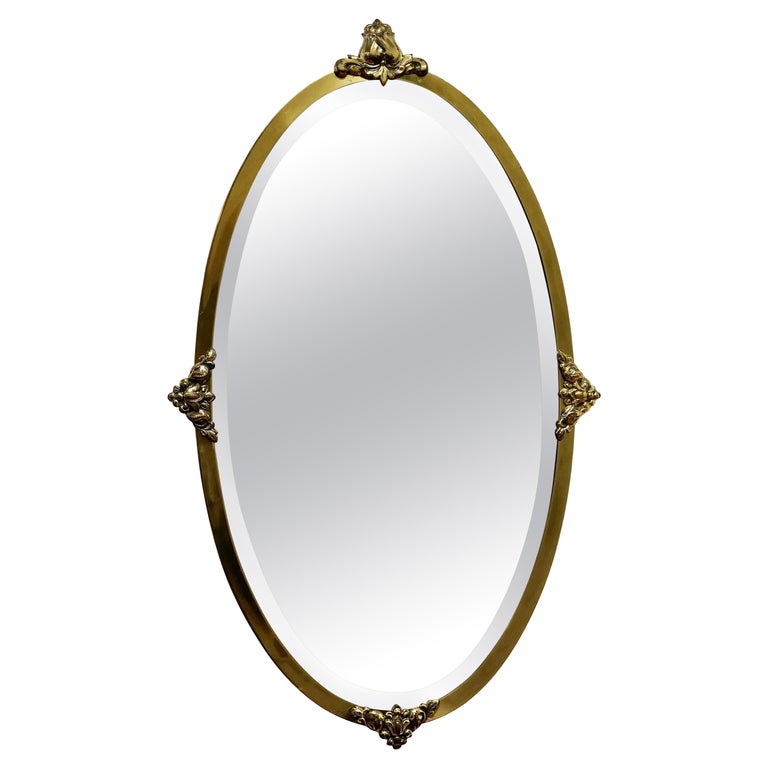 Long Oval Art Deco Gilt Brass Wall Mirror For Sale at 1stDibs