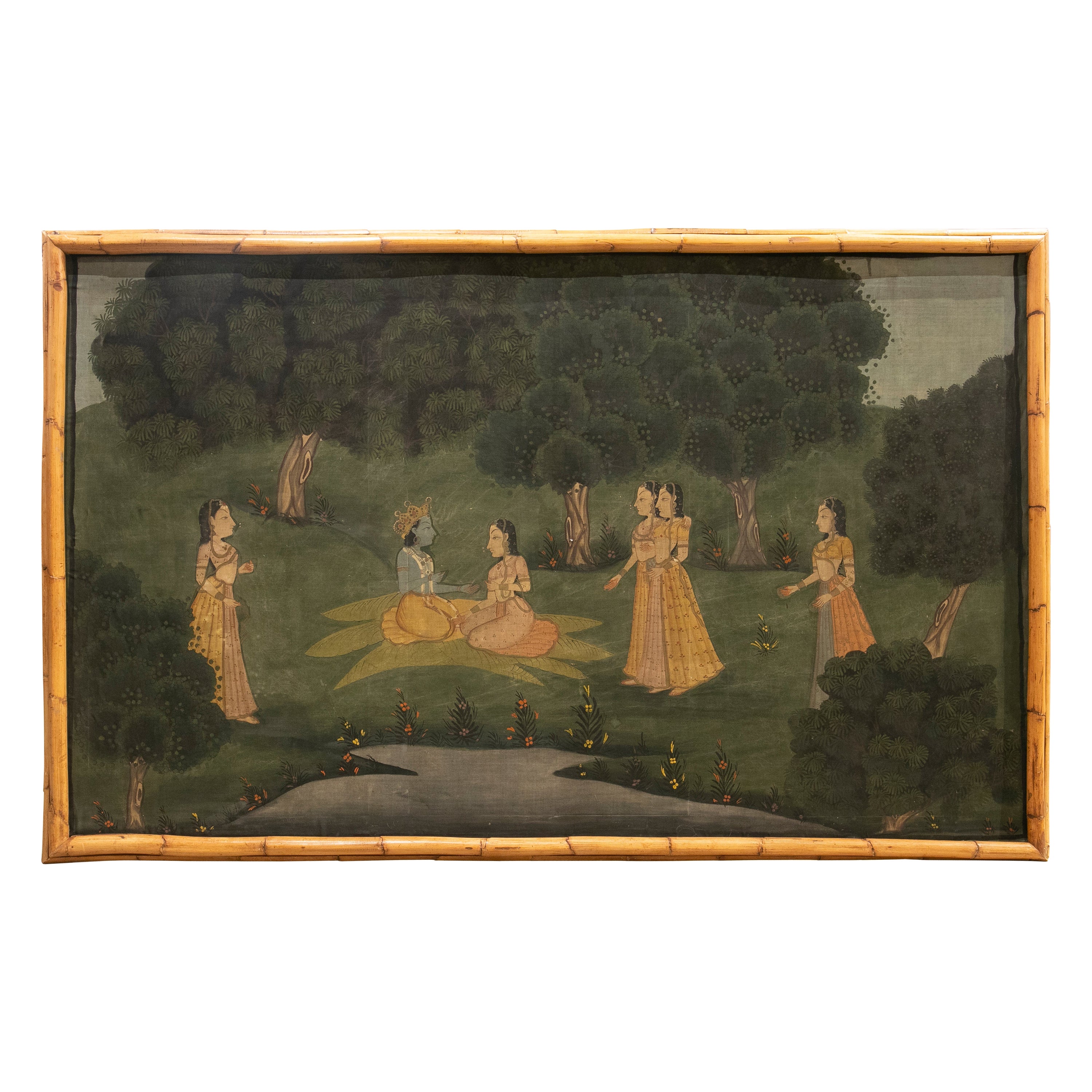 Oil Painting on Canvas with a Costumbrist Scene Framed in Bamboo For Sale